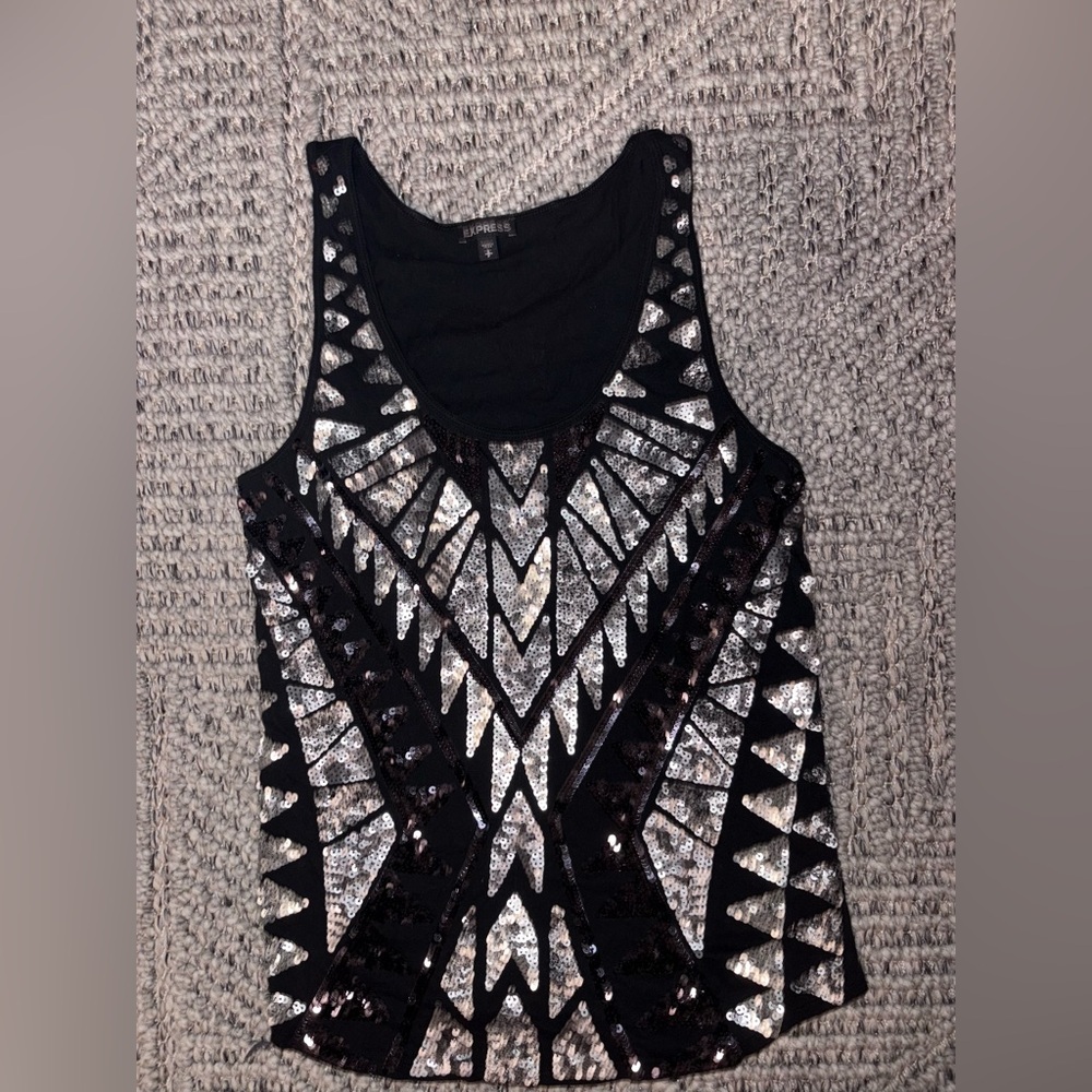 Express Black and White Sequin Graphic Tank Top Sparkly! Small misses top